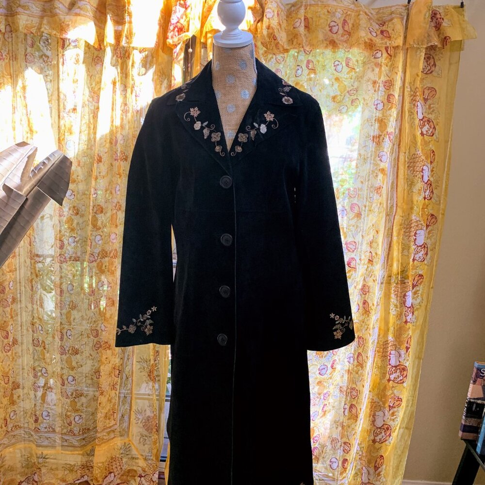 Margaret Godfrey Black Suede Coat with embroidery size 8